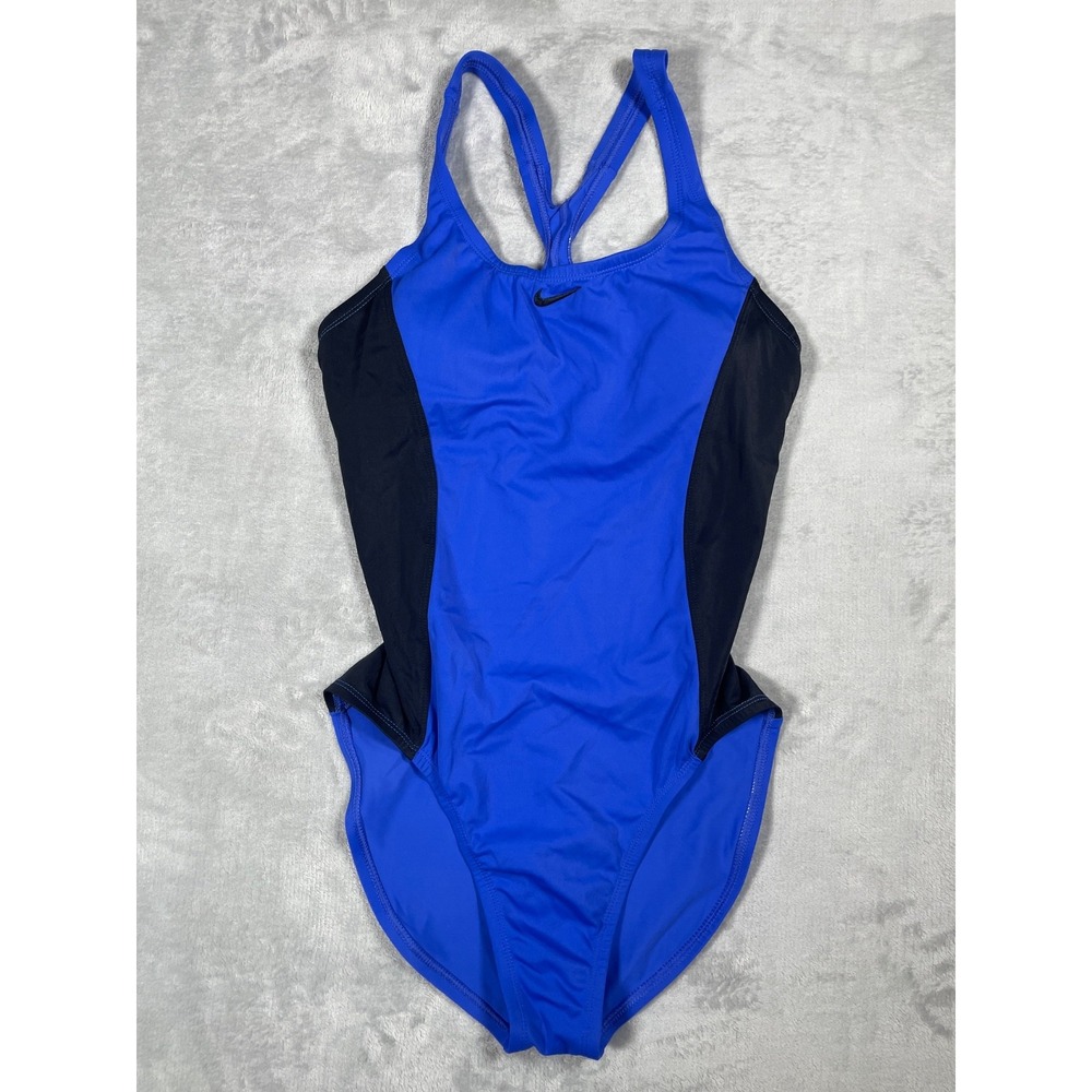 Nike One Piece Swimsuit Women Medium Blue Black Racerback Athletic Swim